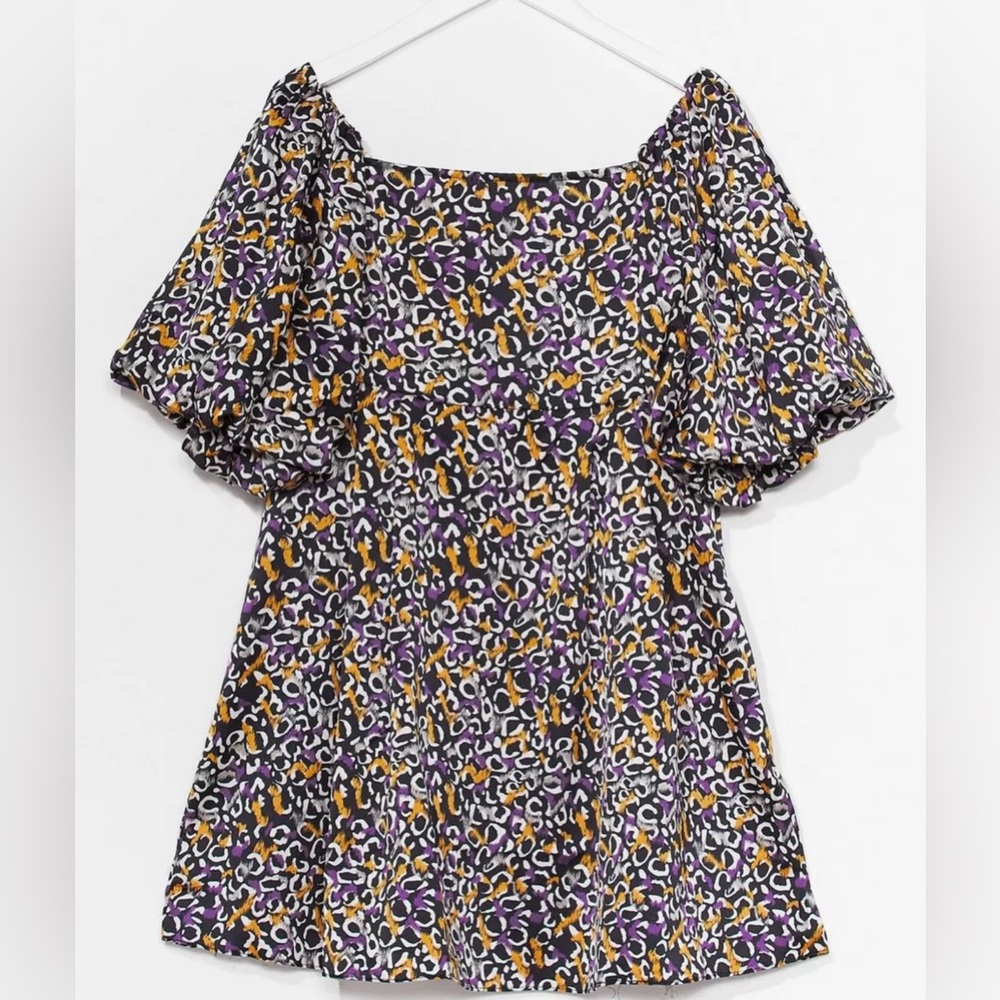 Nasty Gal Abstract Print Puff Sleeve Square Neckline Mini Dress Size Medium